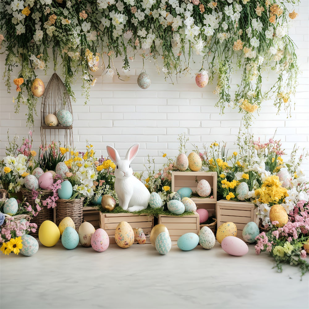 Fond photomaton de Pâques Jardin fleuri Lapin Fond œufs de Pâques MRR11-79