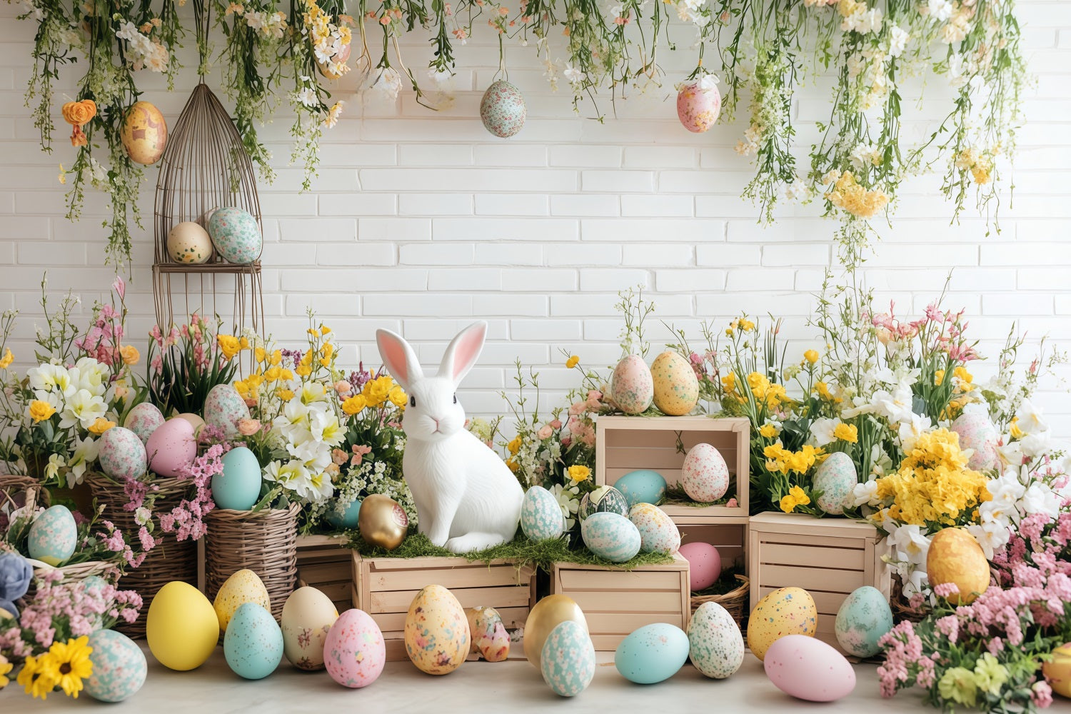 Fond photomaton de Pâques Jardin fleuri Lapin Fond œufs de Pâques MRR11-79