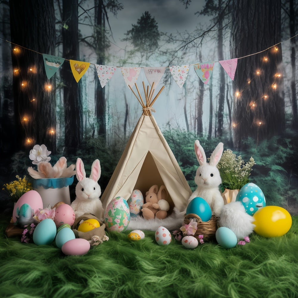Fonds photographiques de Pâques Forêt Tente Lapins se rassemblent Fond lapins MRR11-80