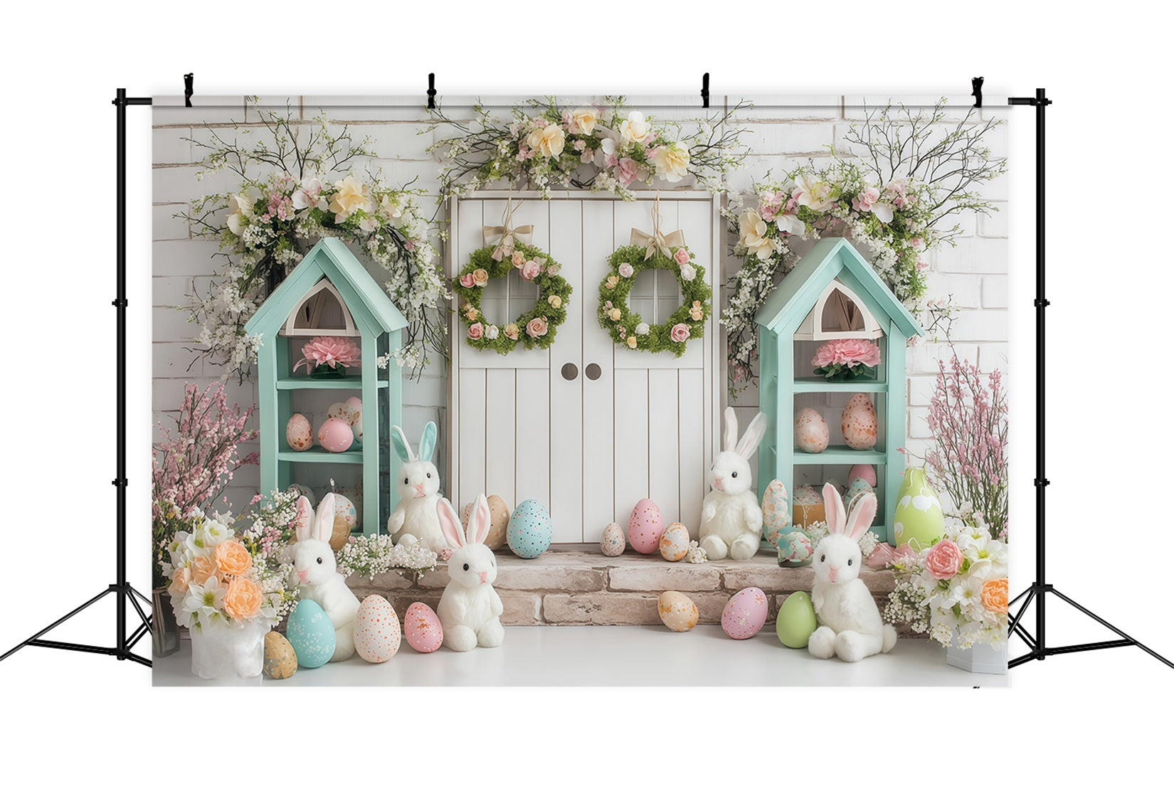 Idées de fonds pour photos de Pâques Fond avec lapin dans un cottage printanier MRR11-81