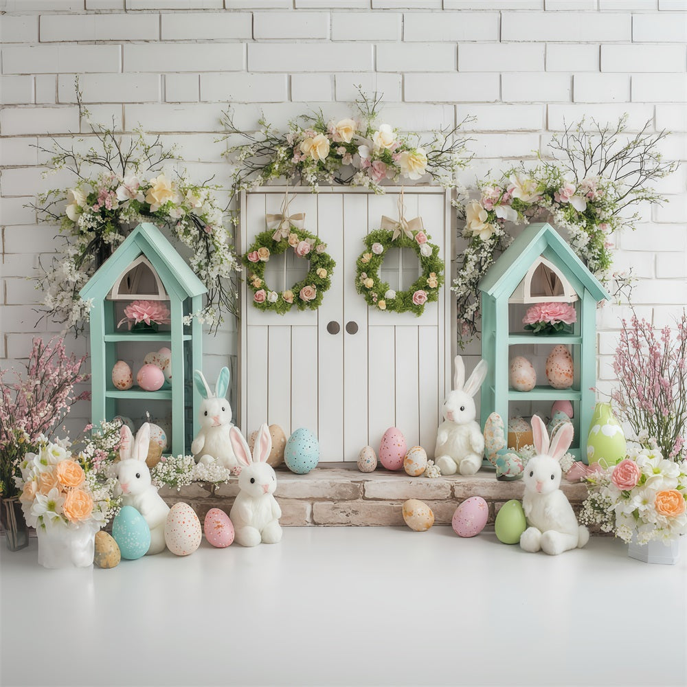 Idées de fonds pour photos de Pâques Fond avec lapin dans un cottage printanier MRR11-81