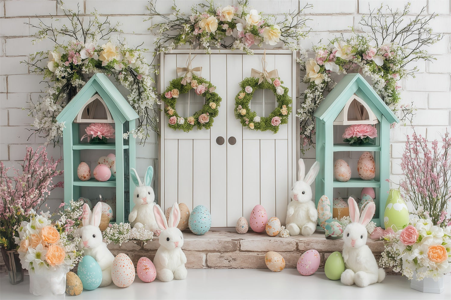 Idées de fonds pour photos de Pâques Fond avec lapin dans un cottage printanier MRR11-81