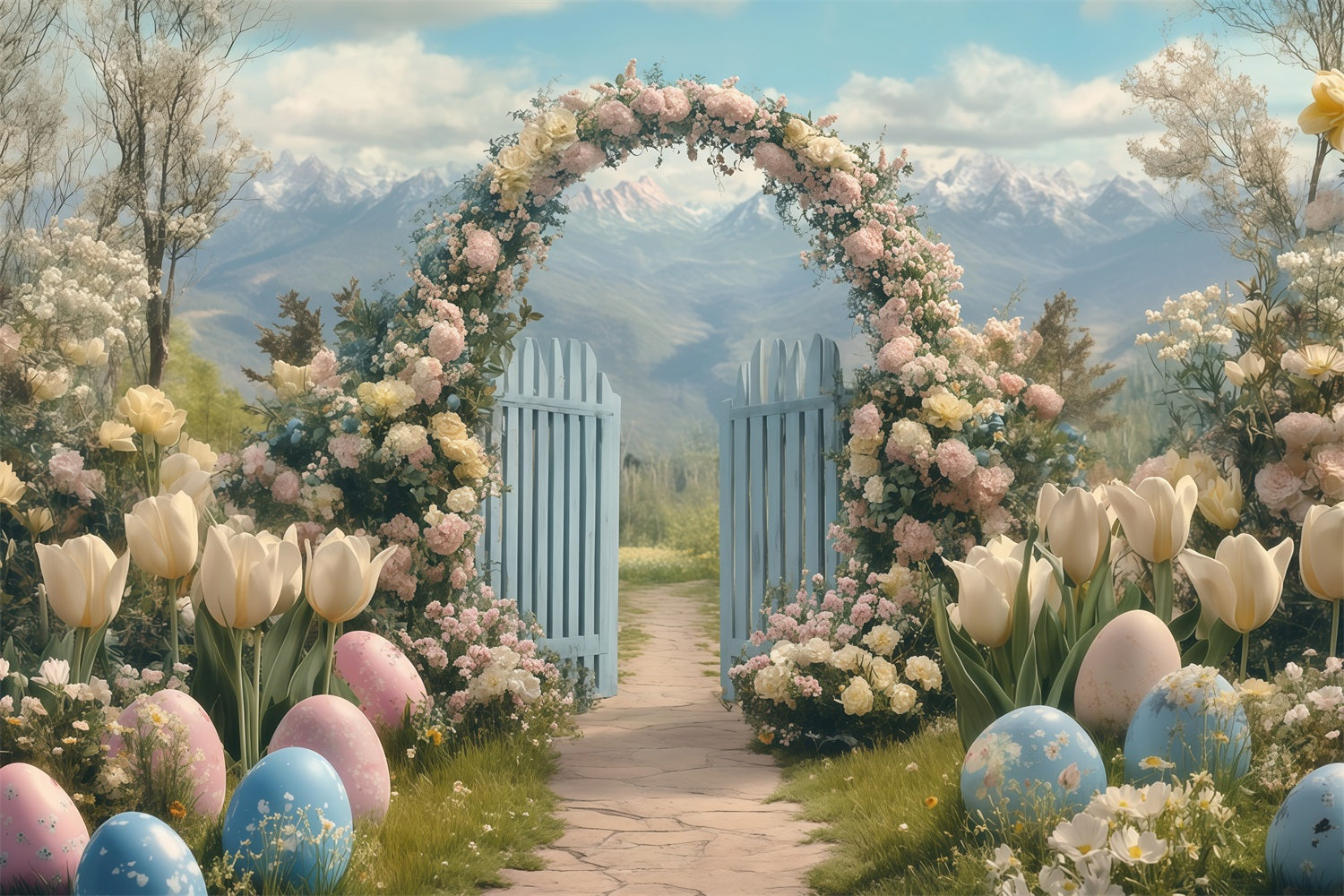 Fond de Pâques avec lapin dans un jardin fleuri Fonds pour photos de Pâques MRR11-83