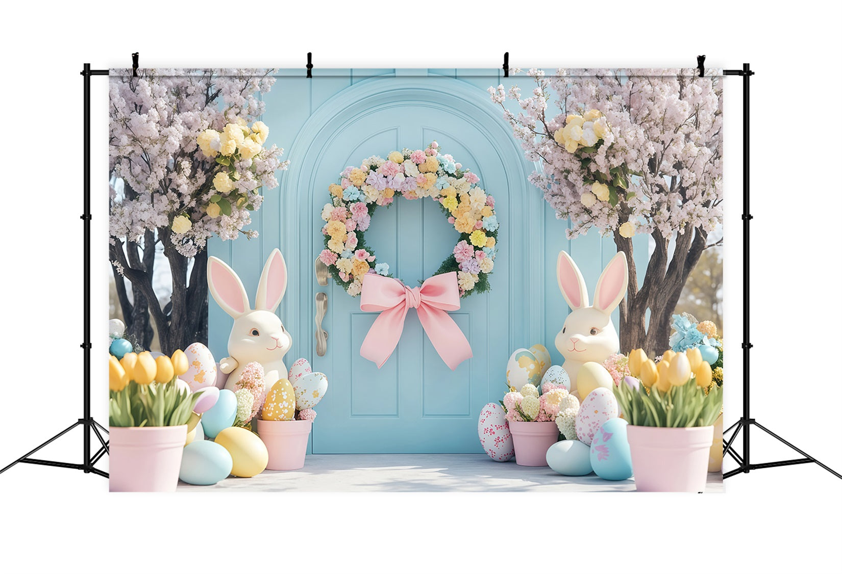 Fond pour photomaton de Pâques Chemin de lanternes et fleurs de cerisier Fond avec lapin MRR11-91