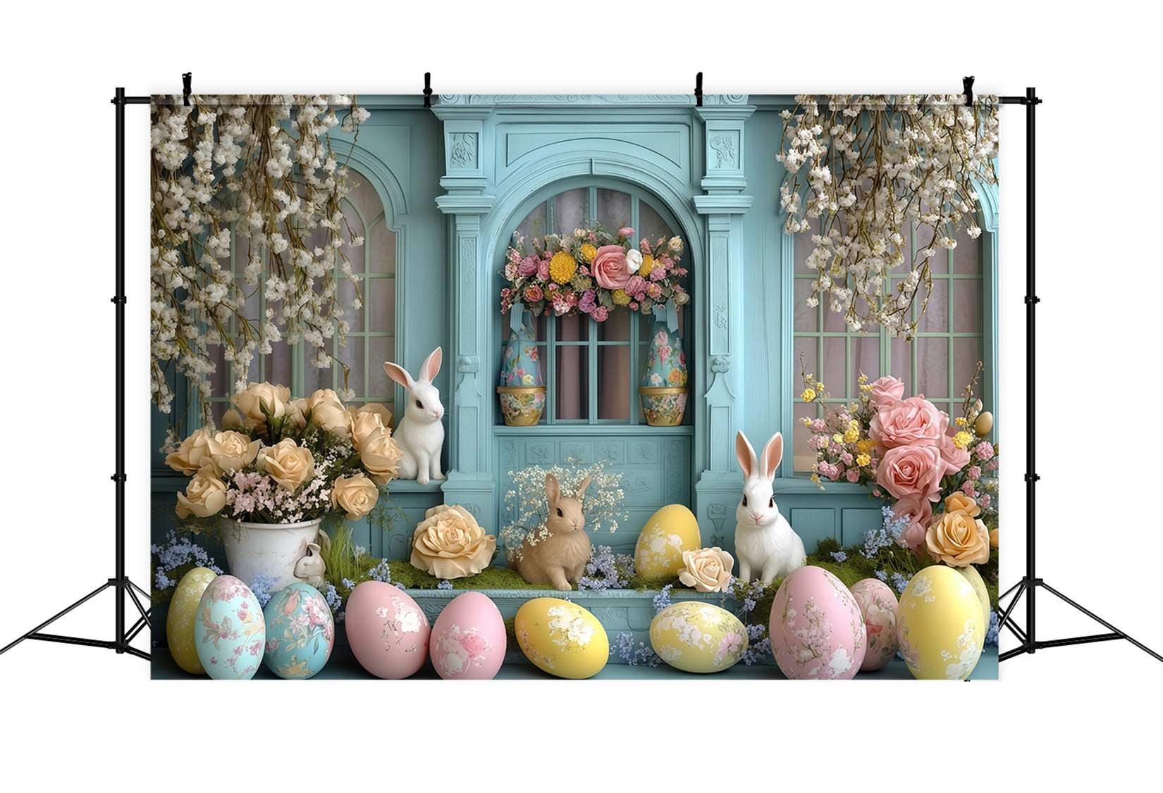 Fonds pour photos de Pâques Cottage rustique avec tulipes et porte Fond avec lapin MRR11-92