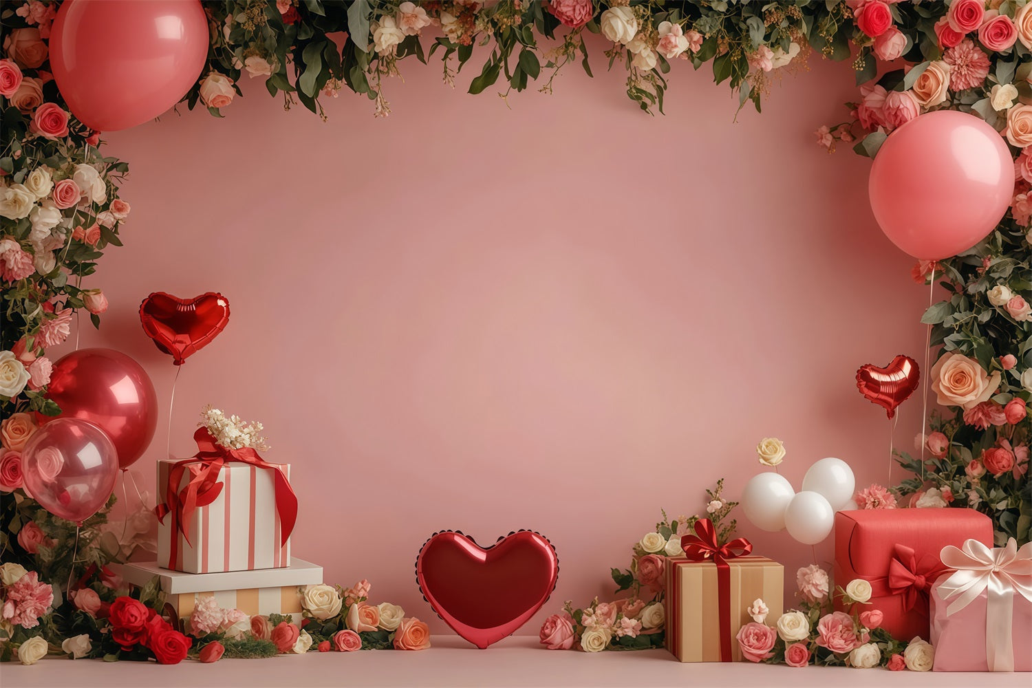 Fond pour la Saint-Valentin Jardin romantique rose avec cadeaux Fond pour la Saint-Valentin MRR11-97