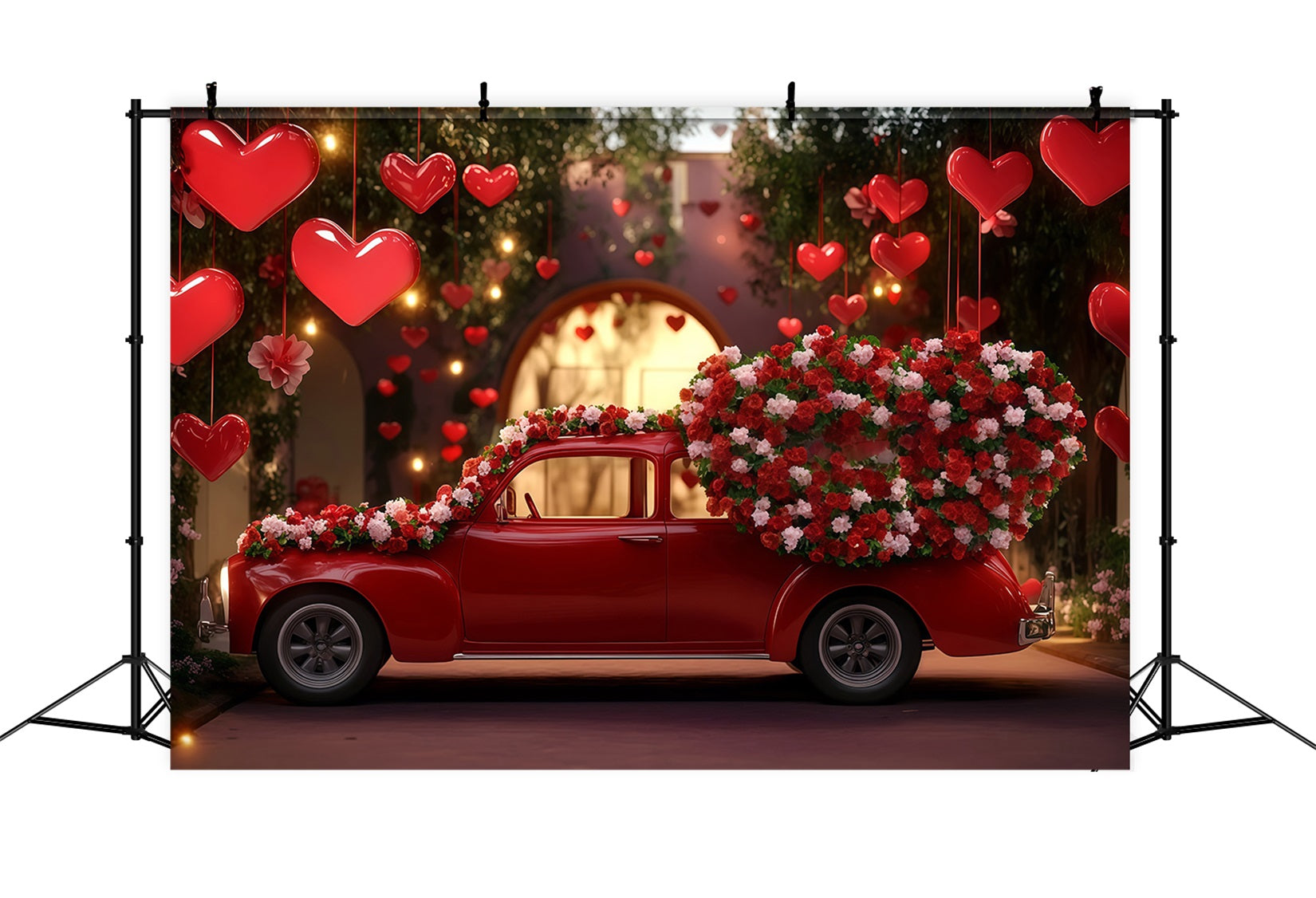 Fond pour la Saint-Valentin Voiture vintage rouge avec cœur Fond pour la Saint-Valentin MRR11-98