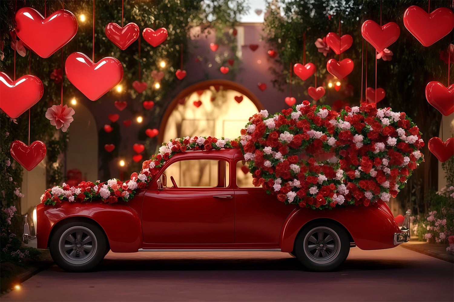 Fond pour la Saint-Valentin Voiture vintage rouge avec cœur Fond pour la Saint-Valentin MRR11-98