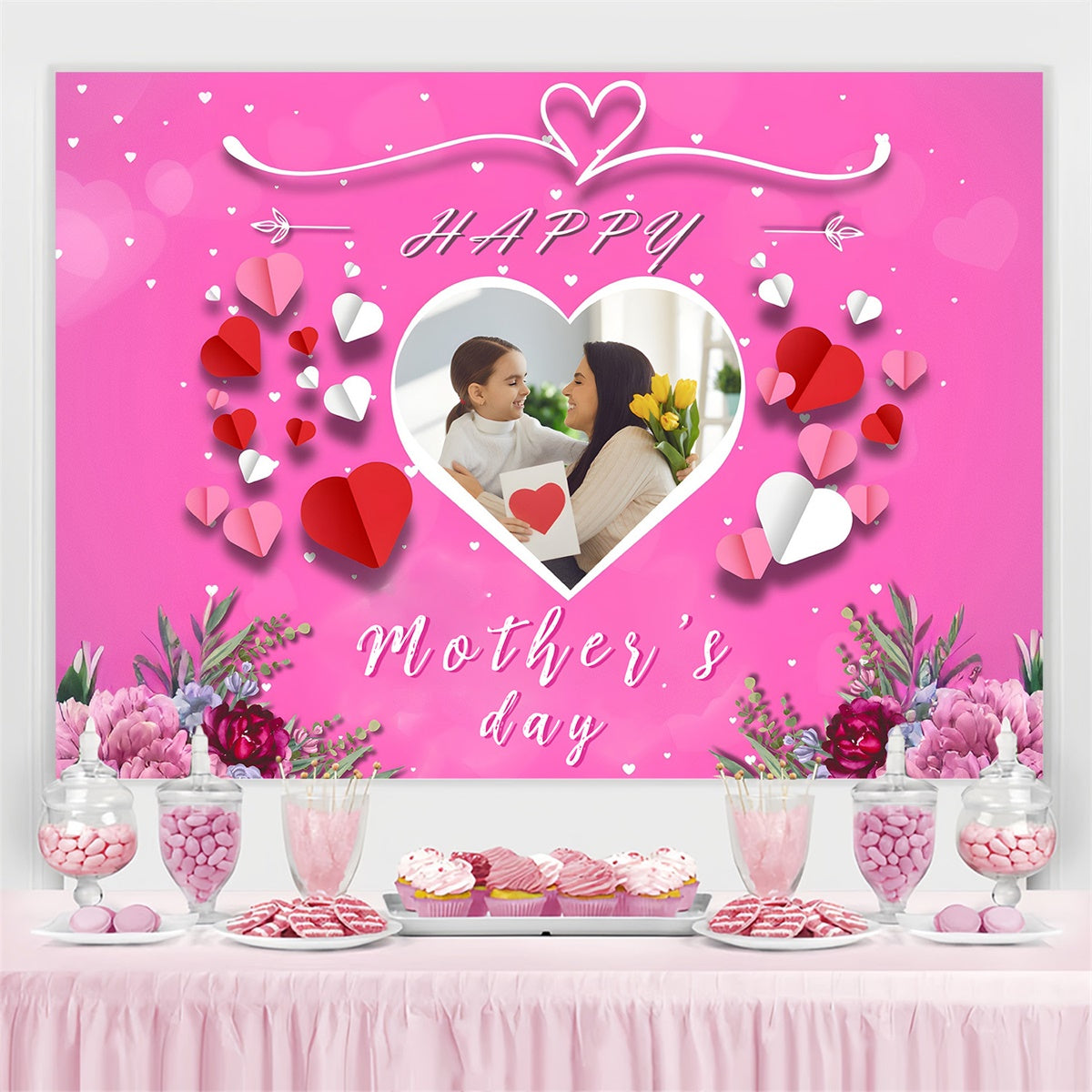 Toile de fond Fête des Mères Personnalisable Amour Cœur Fleuri MRR3-107