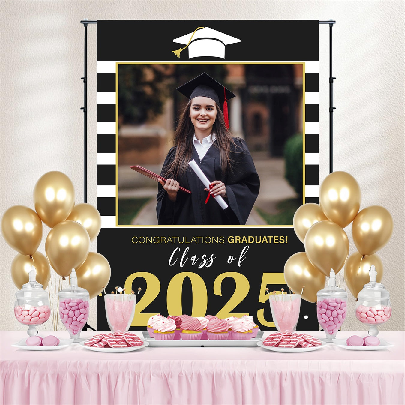 Toile de fond de remise des diplômes 2025 Rayures modernes 2025 personnalisée MRR3-193