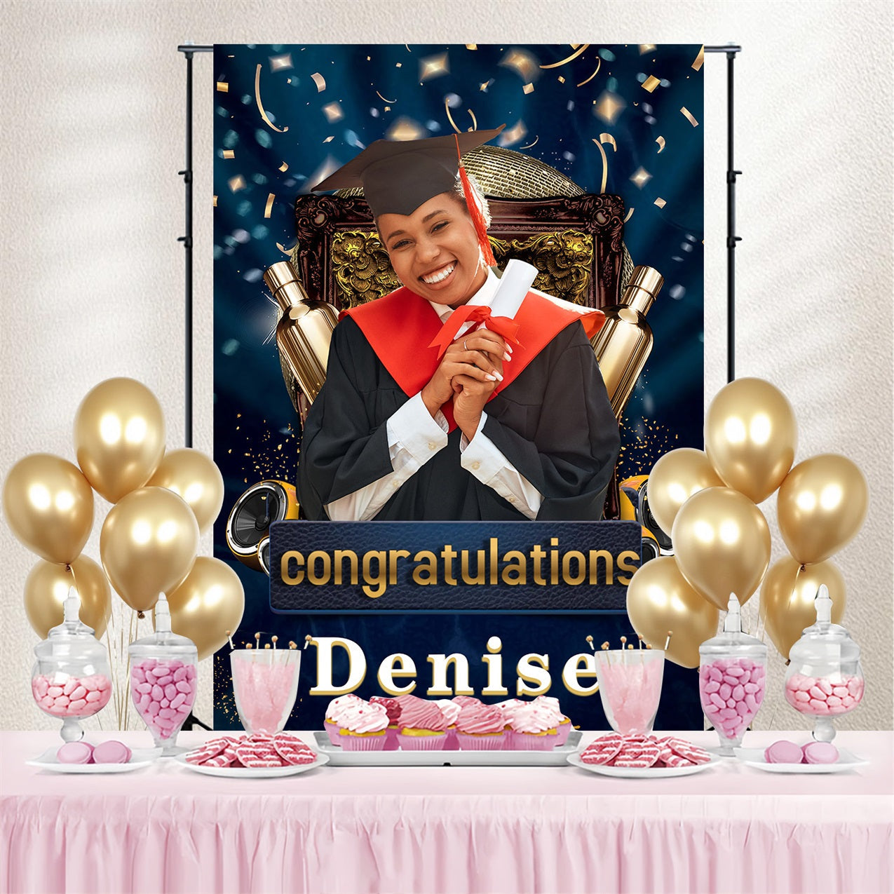 Toile de fond photo de remise des diplômes Idées confettis champagne personnalisée MRR3-195