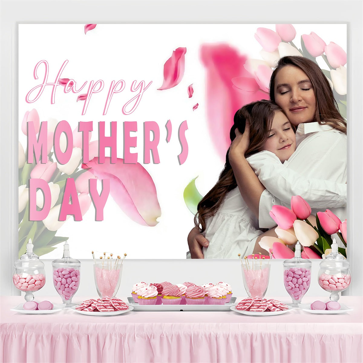 Toile de fond Fête des Mères Personnalisable Embrassement Tulipe Rose MRR3-85