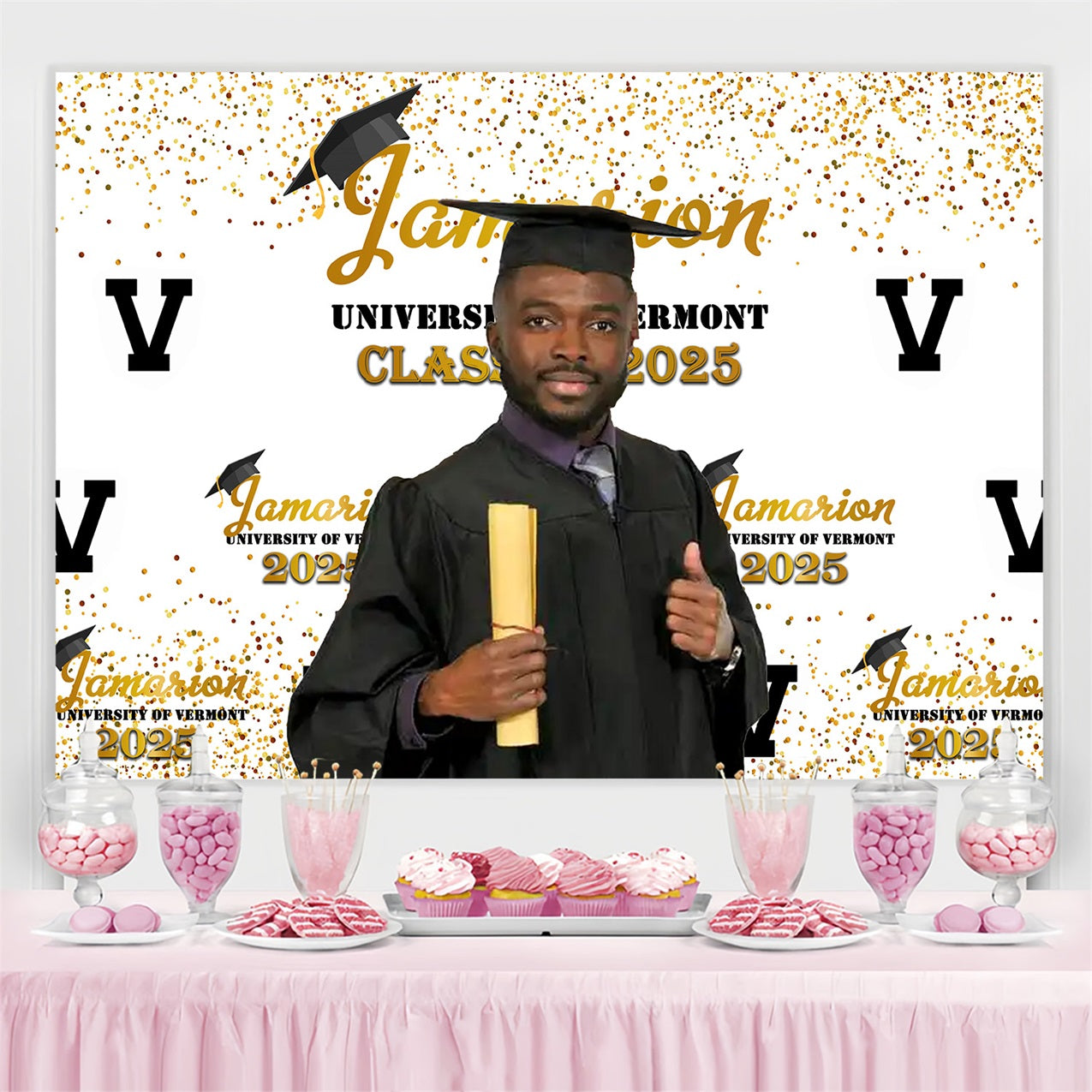 Toile de fond de graduation Confettis Dorés Personnalisée MRR4-34