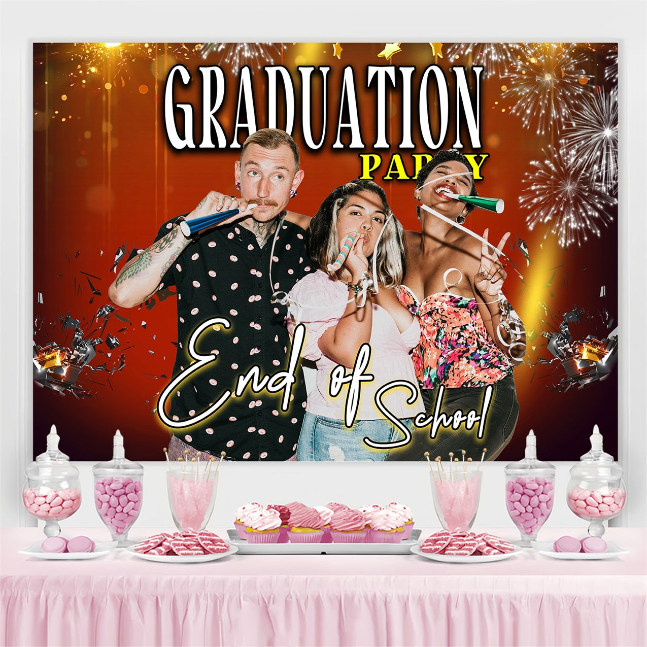 Toile de fond de graduation Feux d'Artifice Orange Brillant 2025 Personnalisée MRR4-38