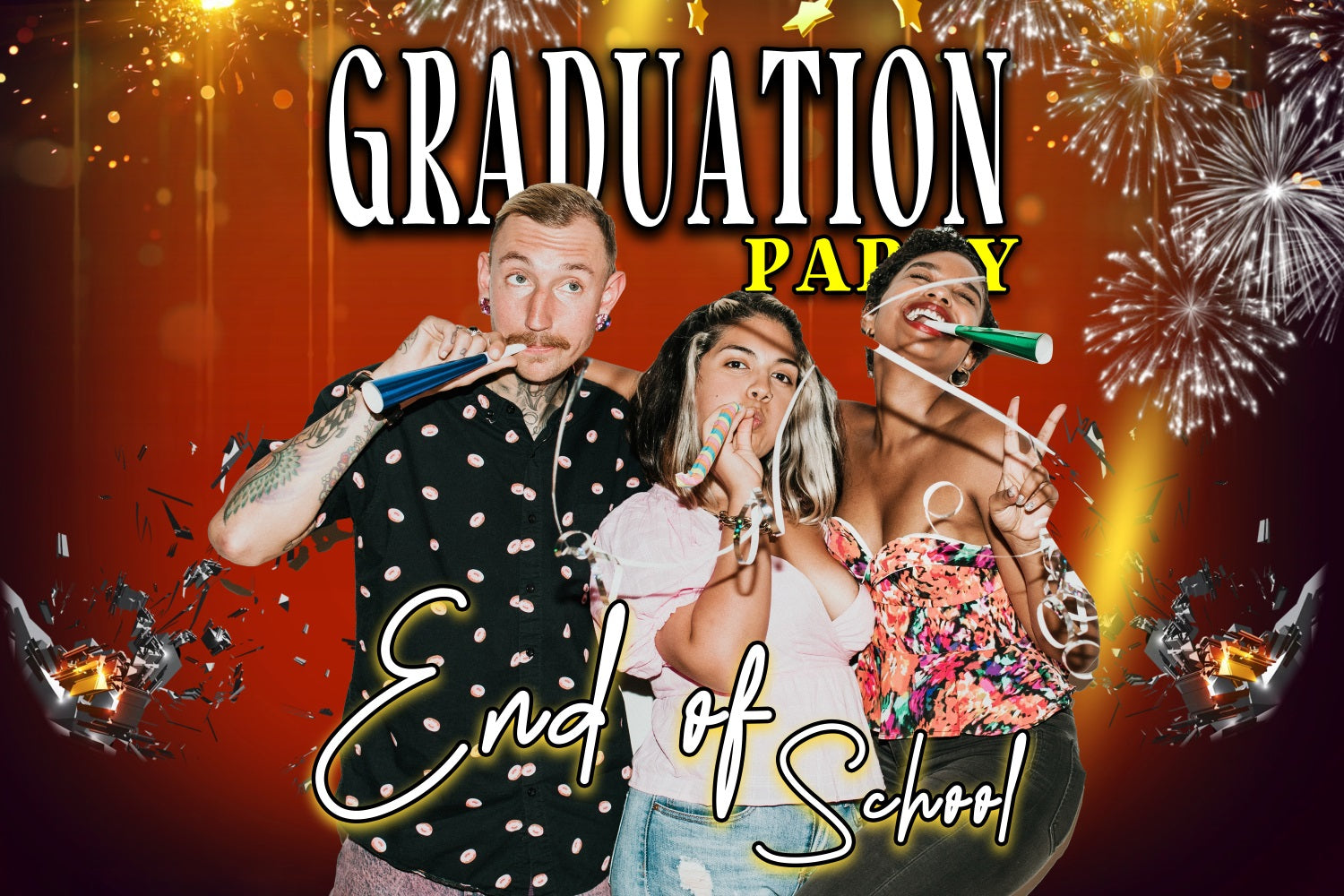 Toile de fond de graduation Feux d'Artifice Orange Brillant 2025 Personnalisée MRR4-38