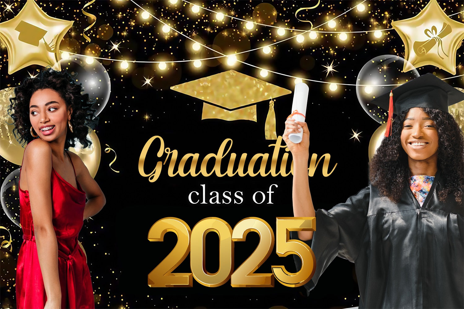 Toile de fond photo de graduation Étoiles Dorées Lumières Personnalisée MRR4-40