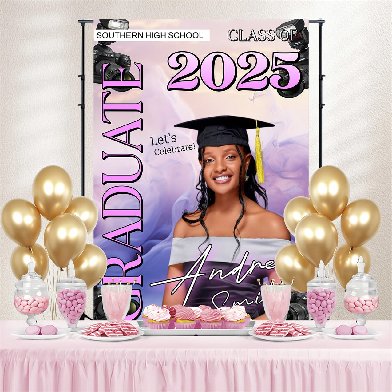 Toile de fond photo de graduation Caméras Pastel Violettes Personnalisée MRR4-46