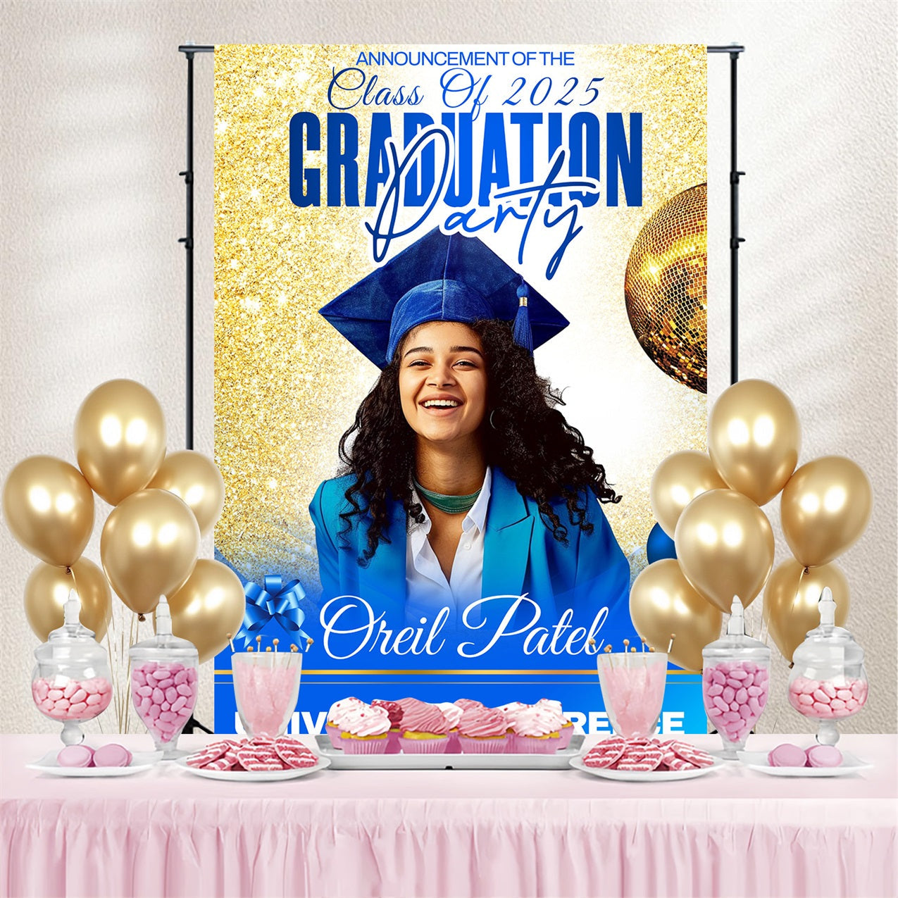 Toile de fond de graduation Célébration Éclatante Dorée Personnalisée MRR4-47