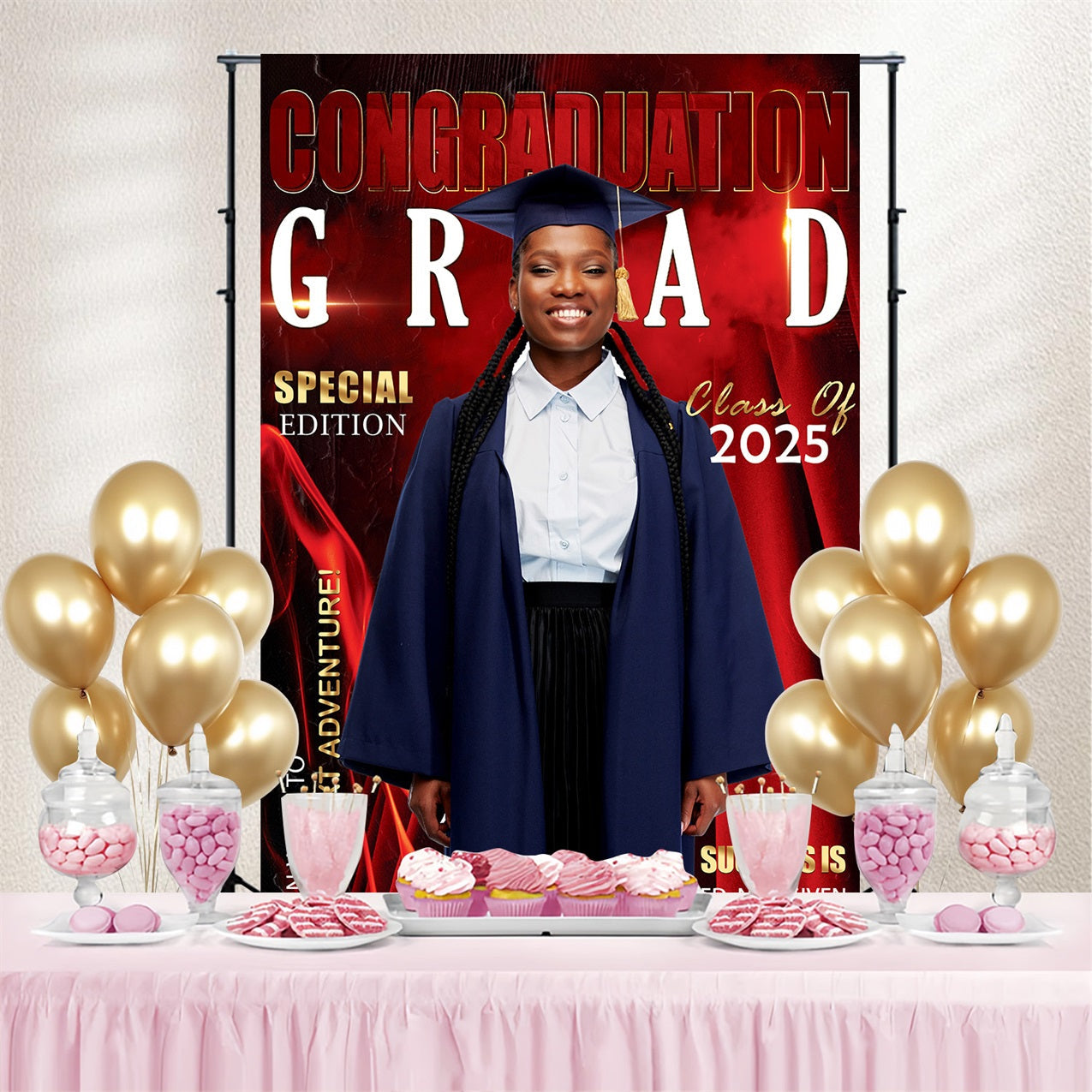 Toile de fond photo de graduation Feu Rouge 2025 Personnalisée MRR4-54
