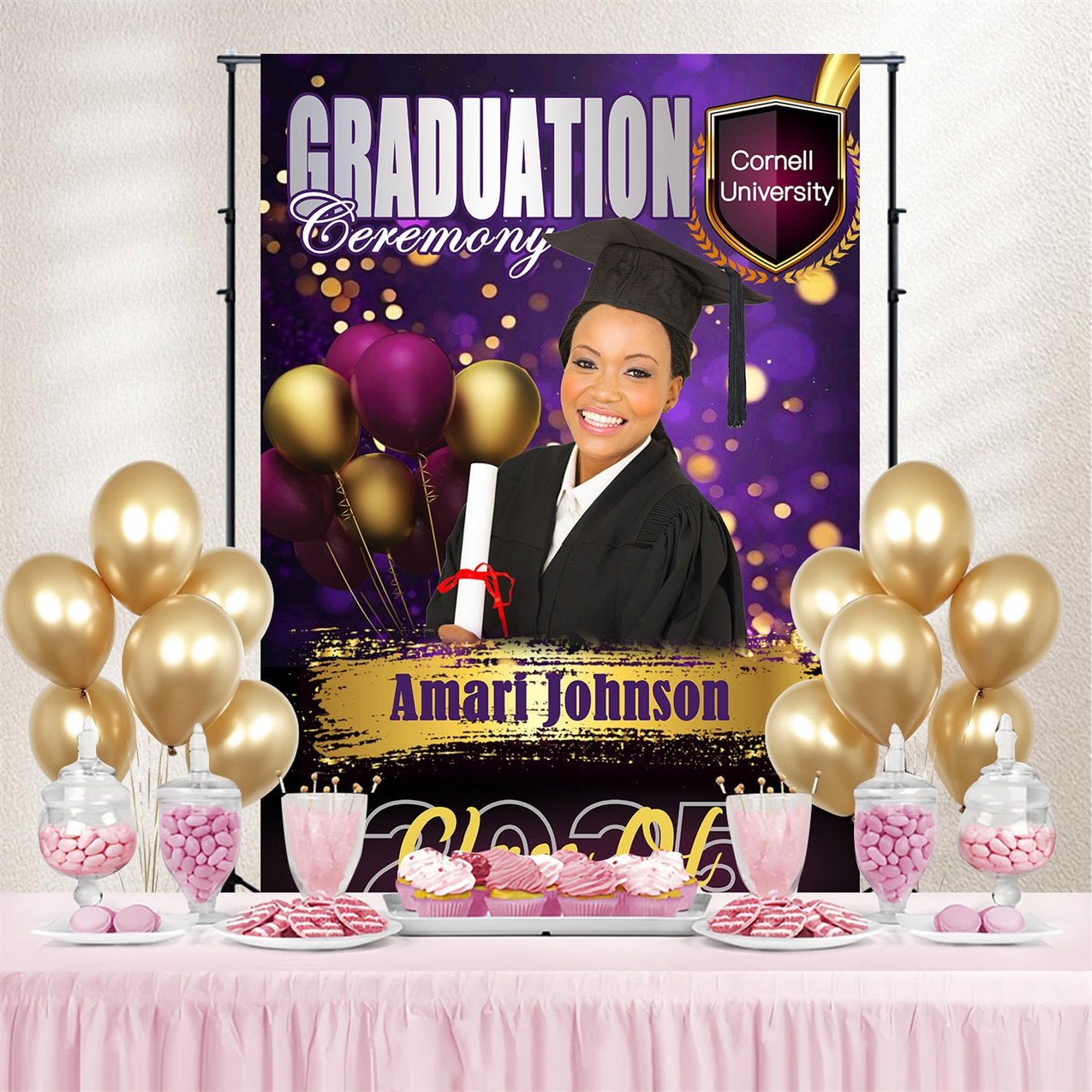 Toile de fond de graduation Ballons Violets Glamour Personnalisée MRR4-56