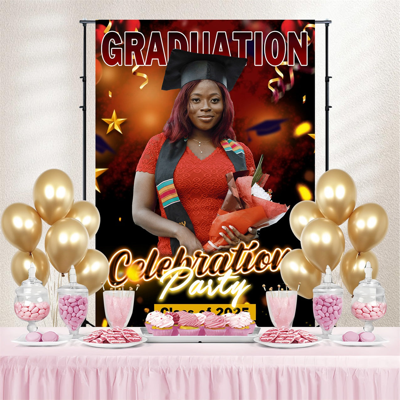 Toile de fond de graduation Ballon Rouge Audacieux 2025 Personnalisé MRR4-60