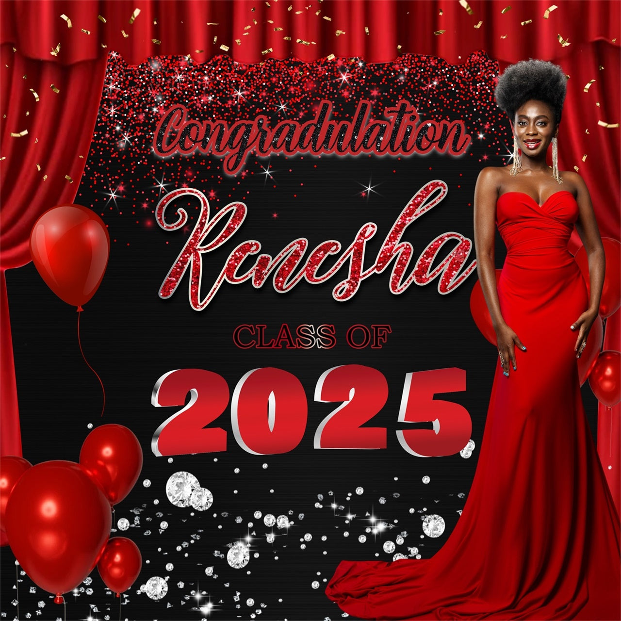 Toile de Fond de Graduation Glamour Rideau Rouge Personnalisée MRR5-21