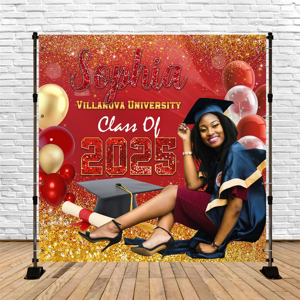 Toile de Fond de Graduation 2025 Ballon Étincelant Rouge Personnalisée MRR5-23