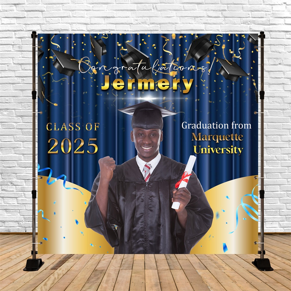 Toile de Fond de Graduation Toast Doré Bleu Personnalisée MRR6-26