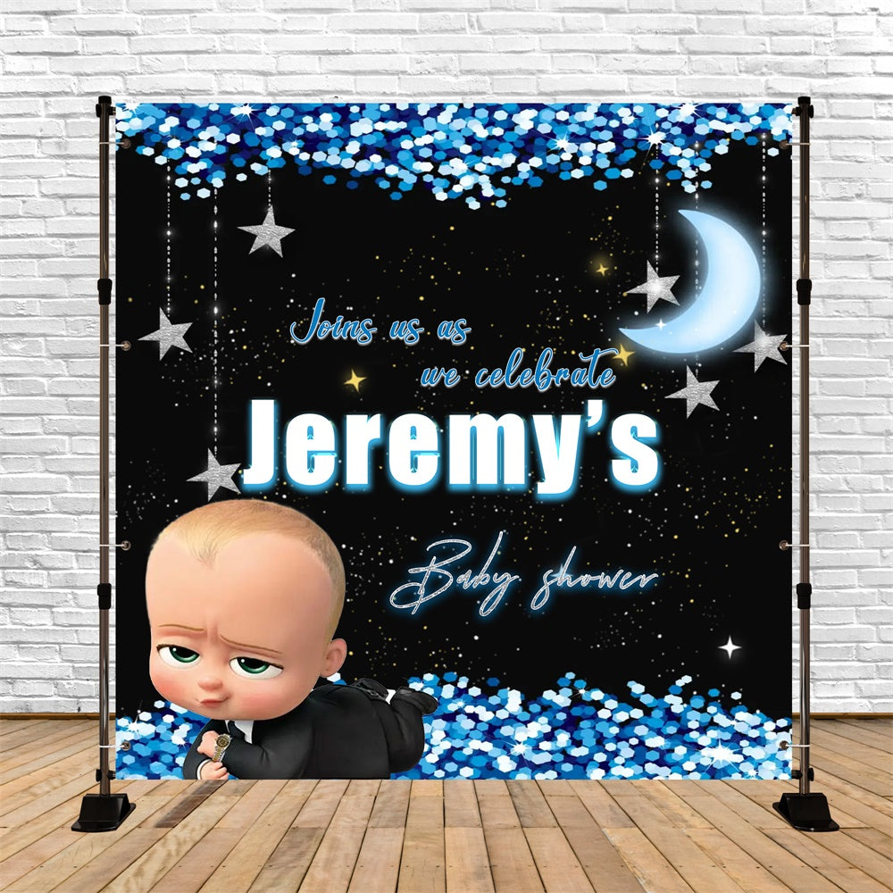 Toile de fond Baby Shower Personnalisable Lune Minuit Étincelante MRR7-1