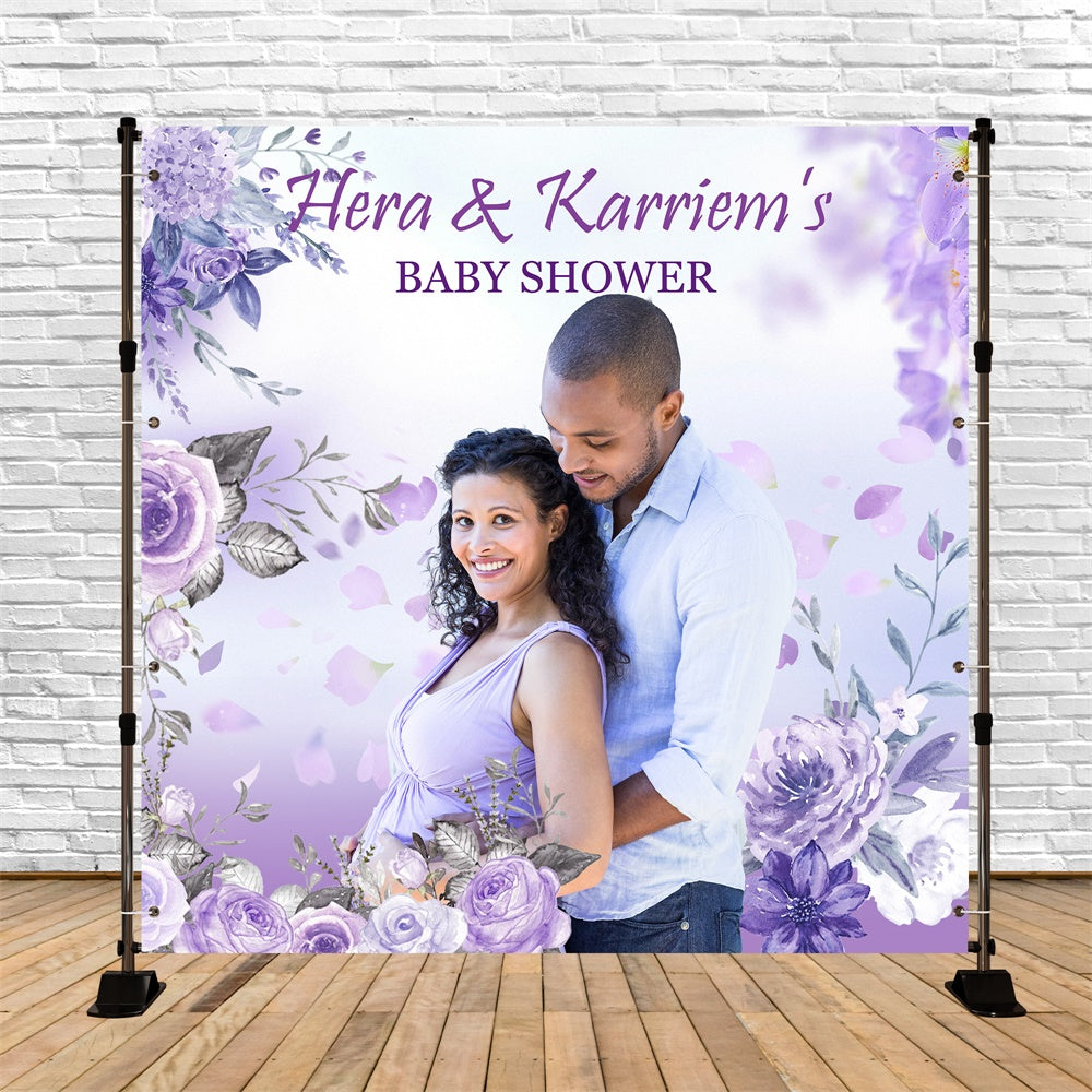 Toile de fond Baby Shower Personnalisable Romance Florale Violette MRR7-10