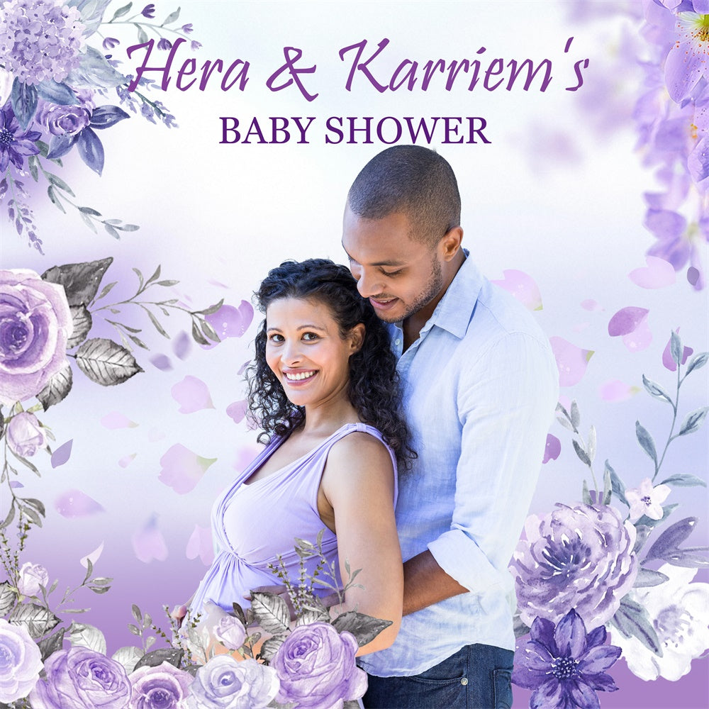 Toile de fond Baby Shower Personnalisable Romance Florale Violette MRR7-10
