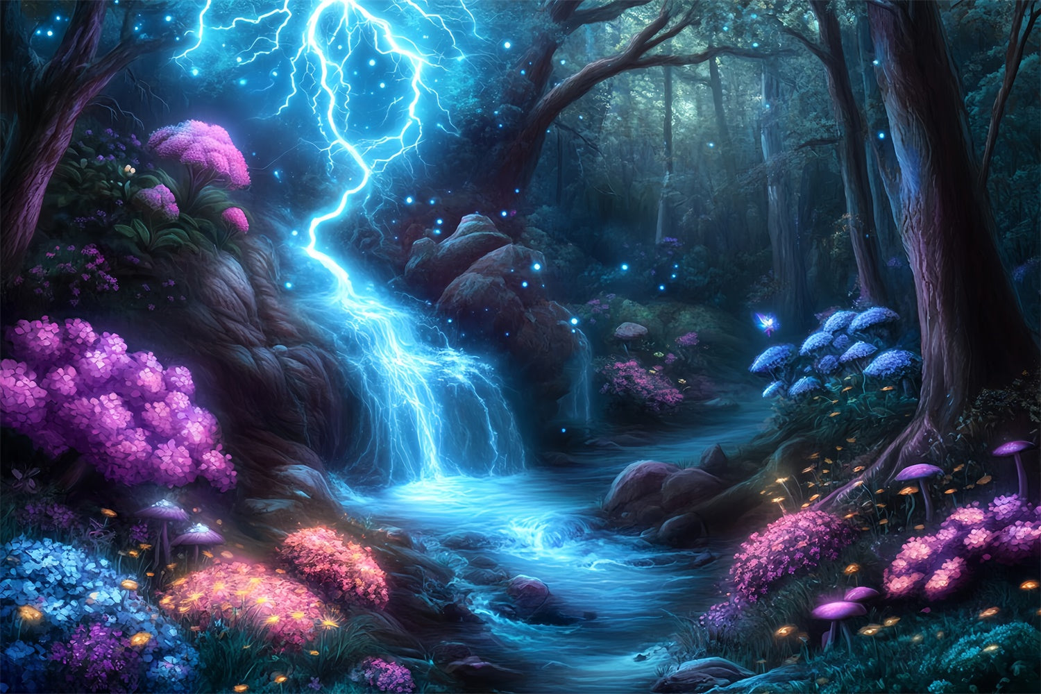 Toile de fond Forêt Magique Cascade Tonnerre Lumineuse MRR7-101