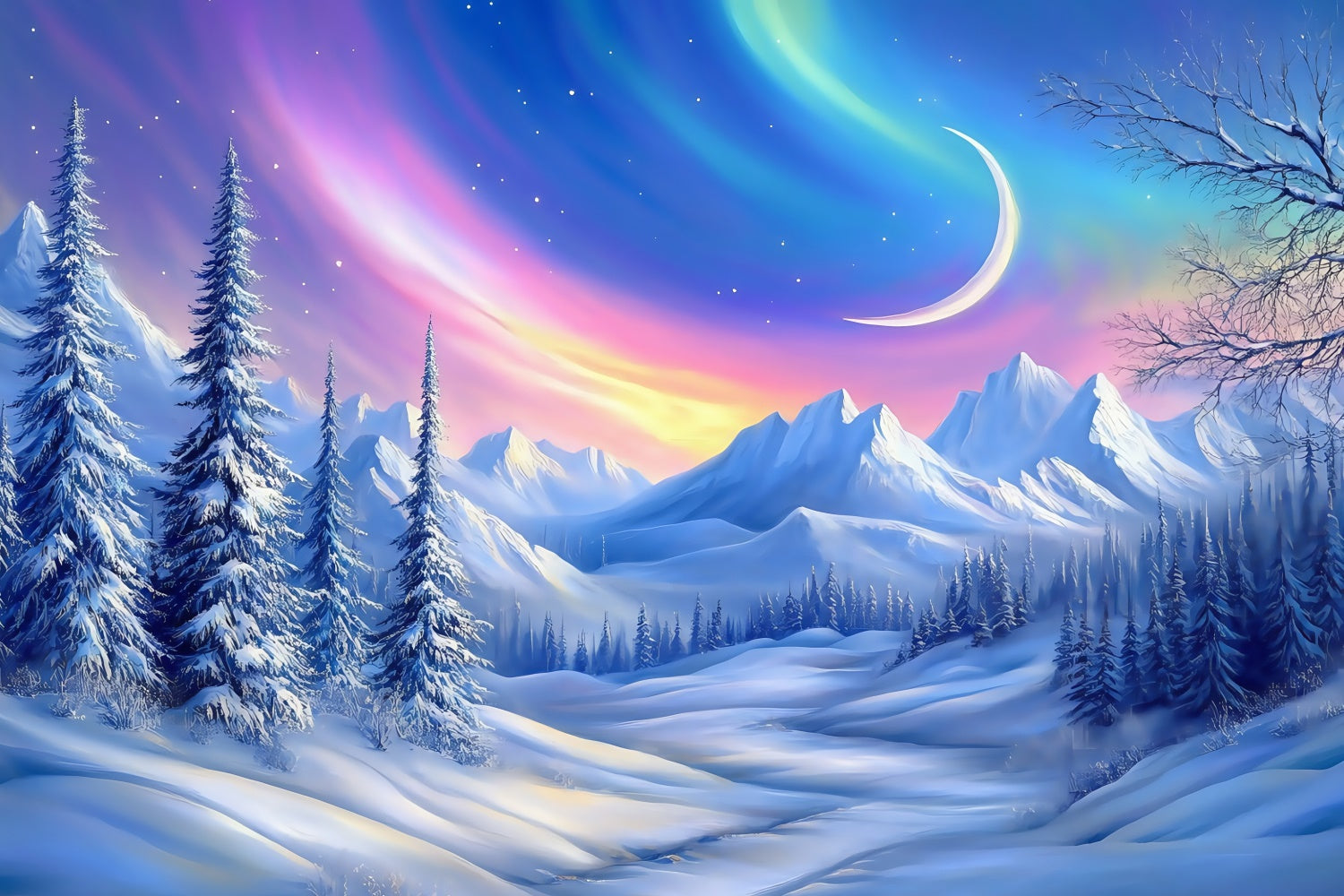 Toile de fond Forêt Neige Pays des Merveilles Croissant Hiver MRR7-109