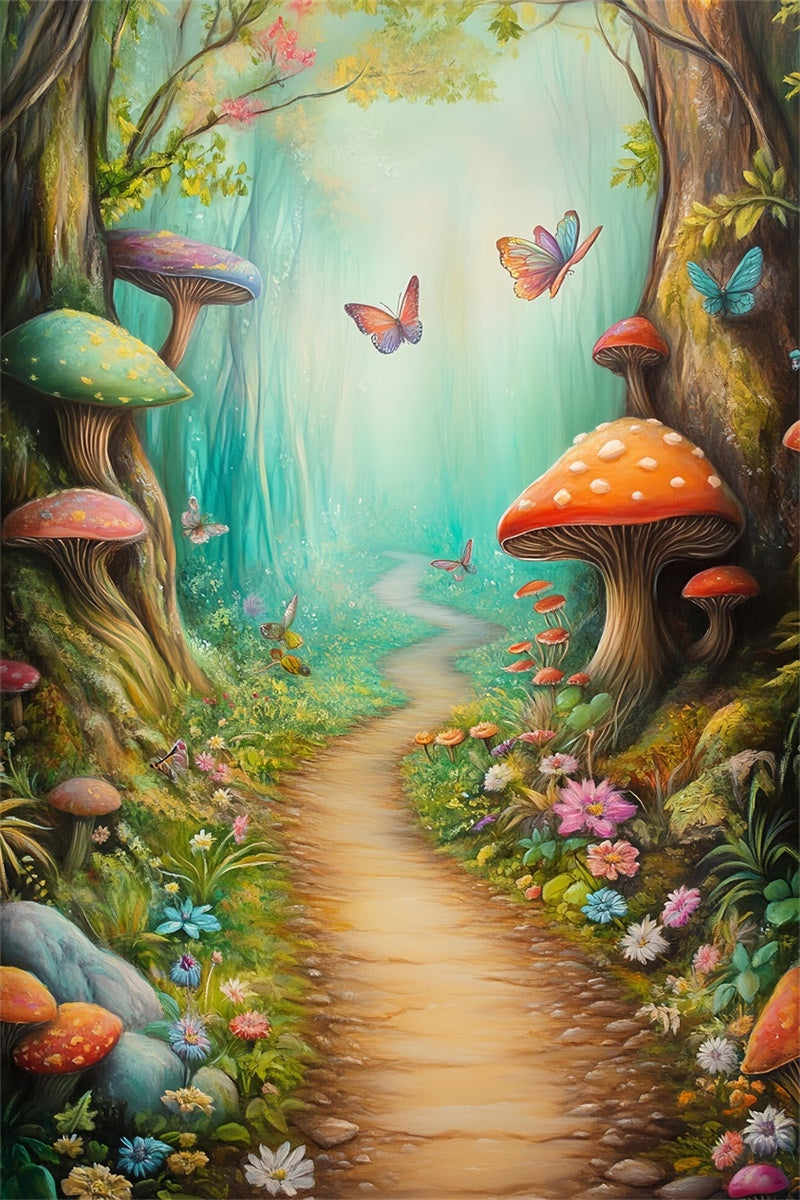 Toile de fond Photo Forêt Fée Champignon Sentier Papillon MRR7-110