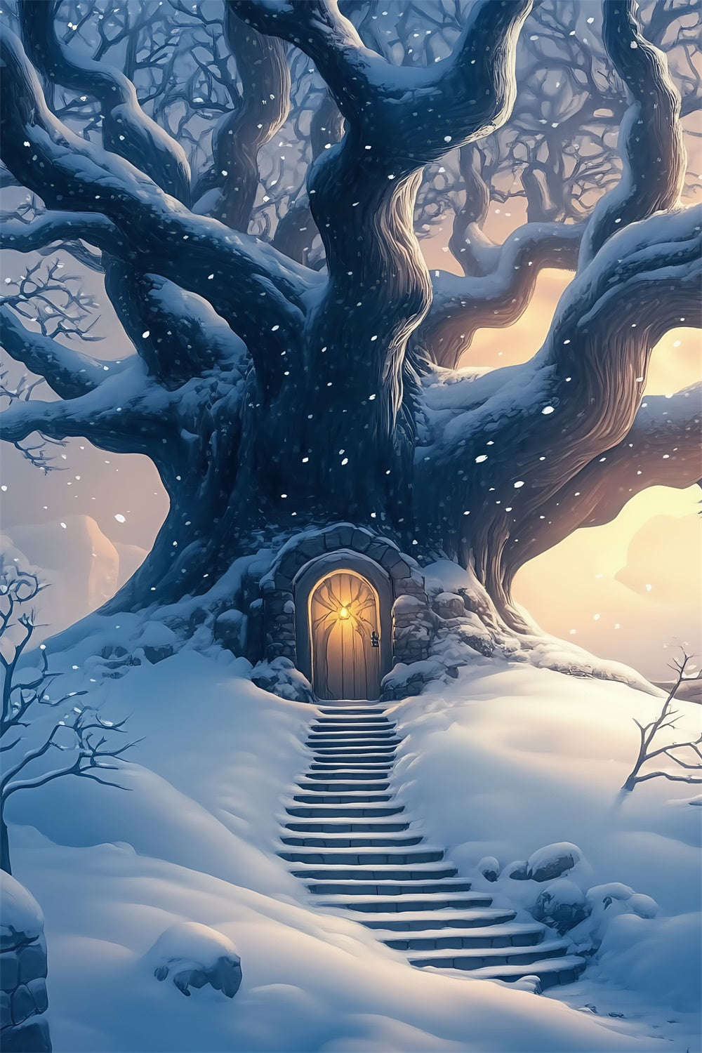 Toile de fond Forêt Neige Porte Arbre Neige Crépuscule MRR7-115