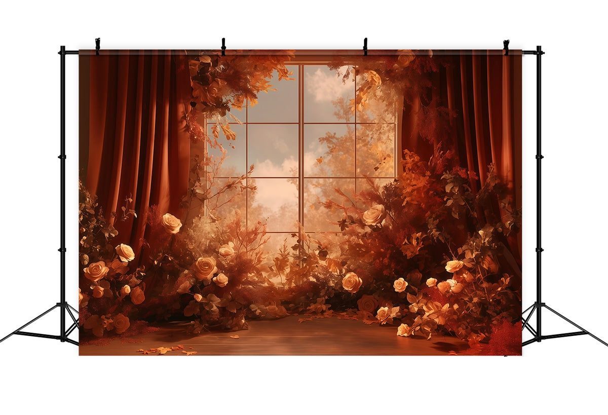 Toile de fond Automne Vue Fenêtre Florale Chaleureuse MRR7-118