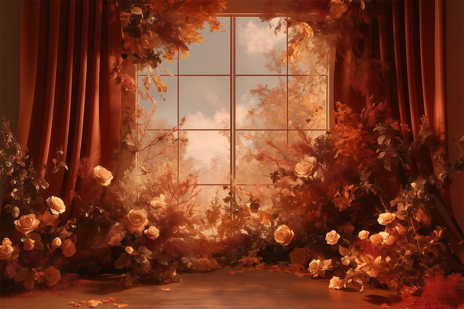 Toile de fond Automne Vue Fenêtre Florale Chaleureuse MRR7-118