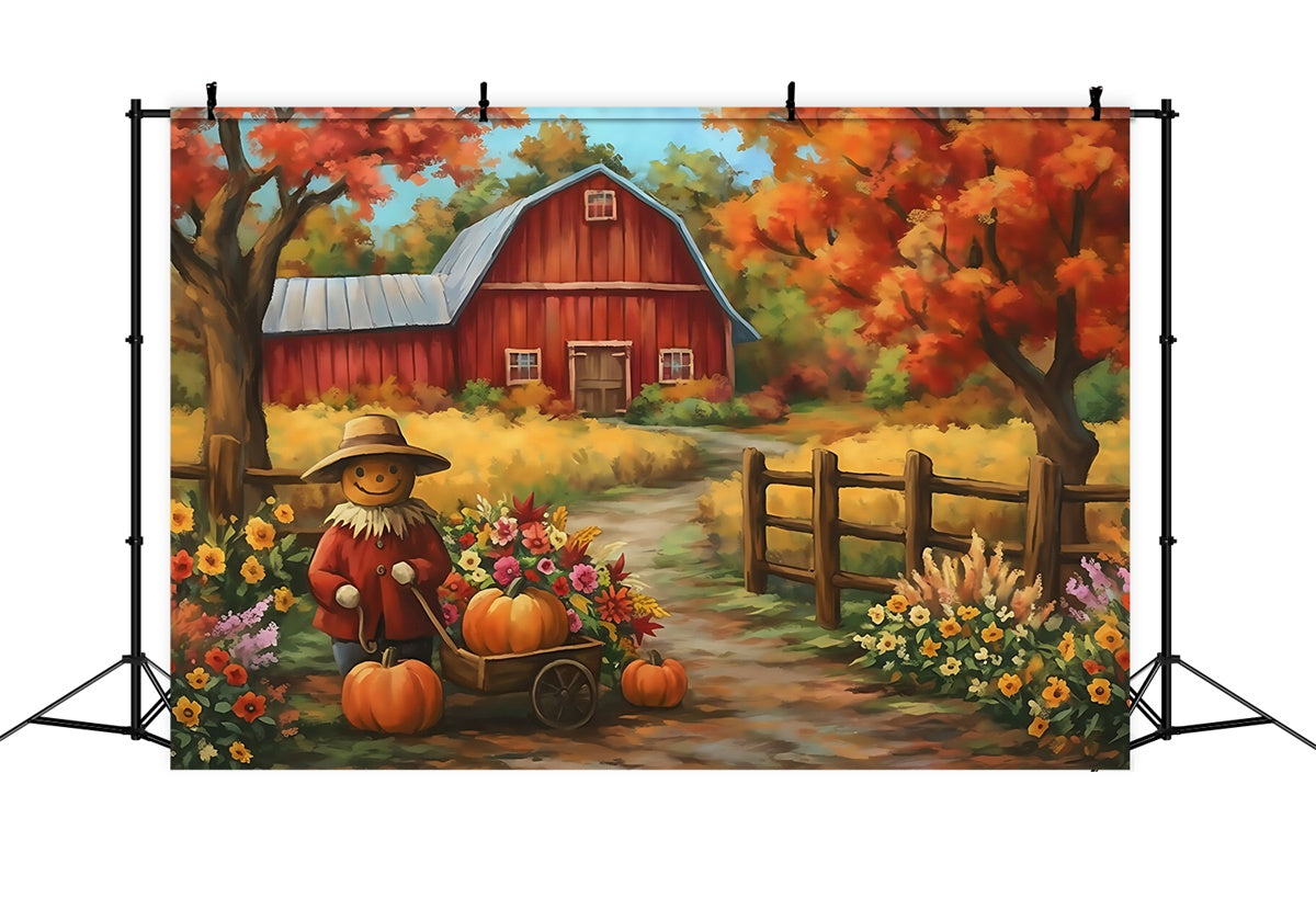 Toile de fond Déco Automne Fleurs Citrouilles Grange MRR7-119