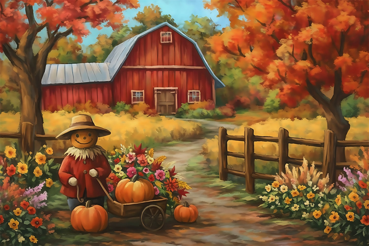 Toile de fond Déco Automne Fleurs Citrouilles Grange MRR7-119