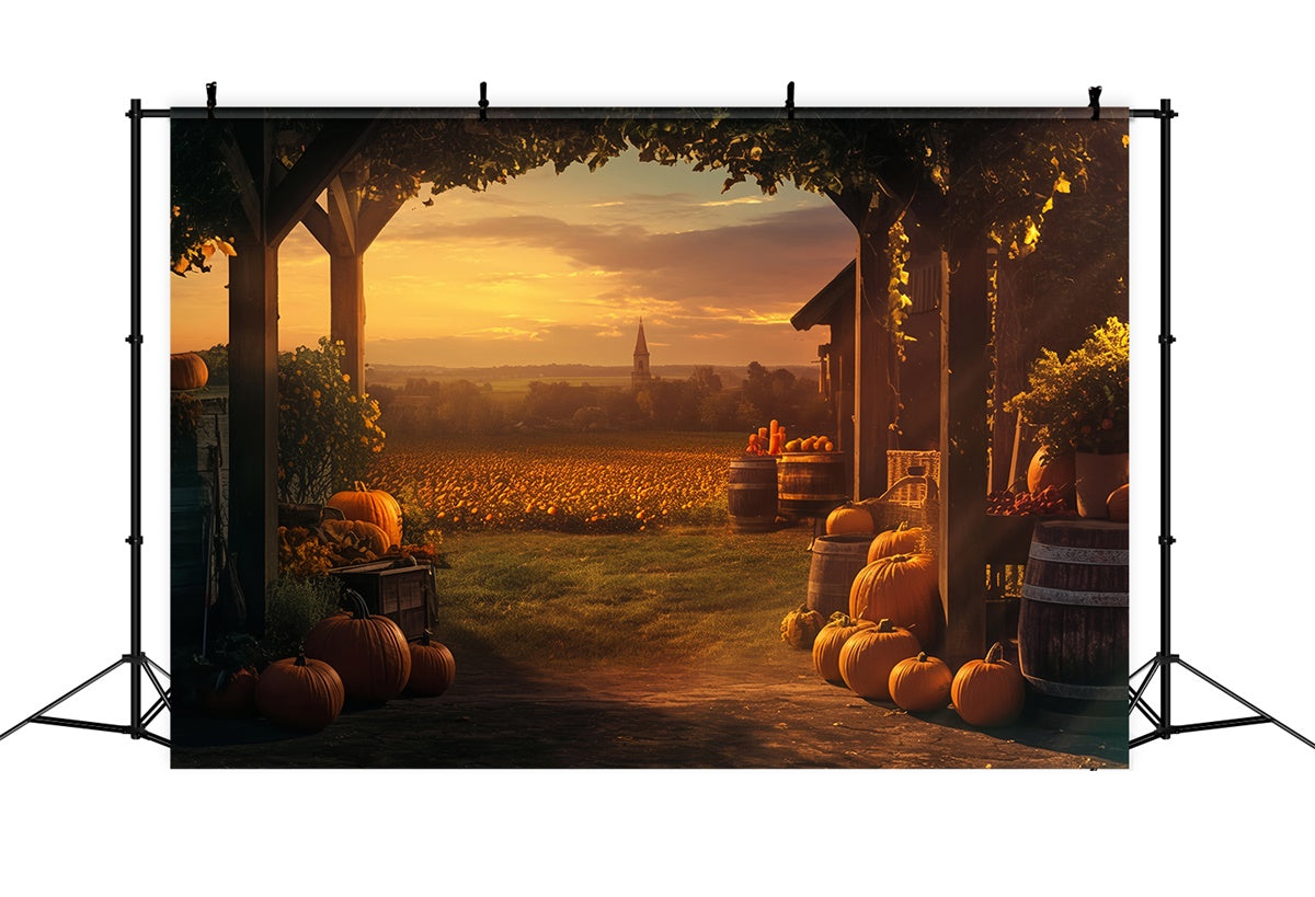 Toile de fond Automne Ferme Citrouilles Dorées Coucher Soleil MRR7-120
