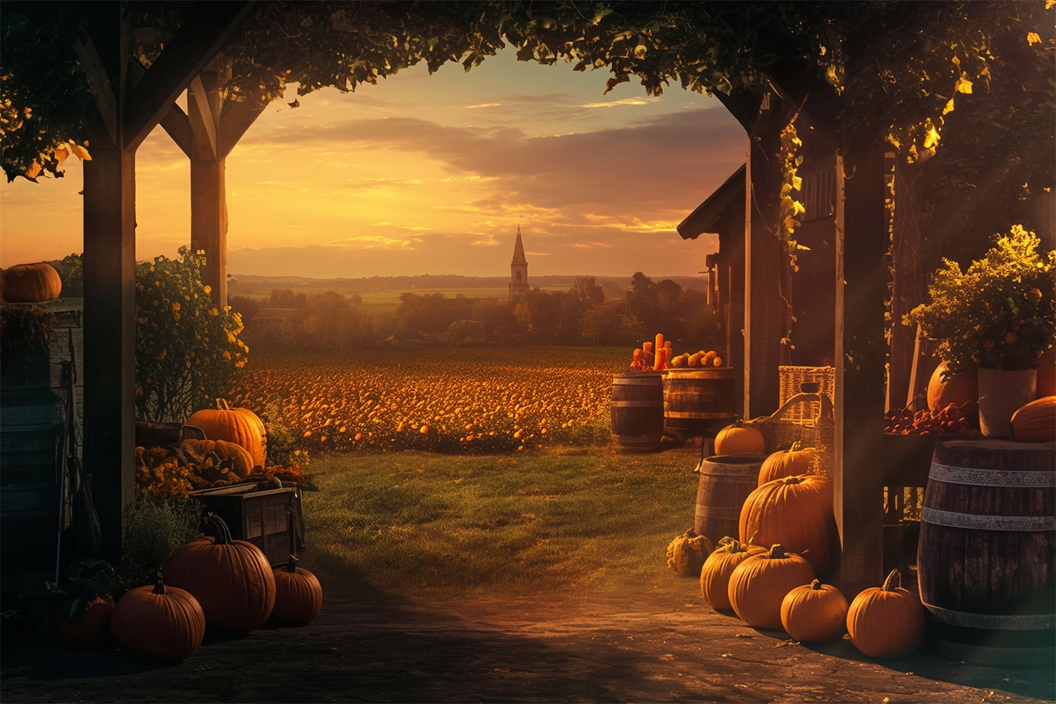 Toile de fond Automne Ferme Citrouilles Dorées Coucher Soleil MRR7-120