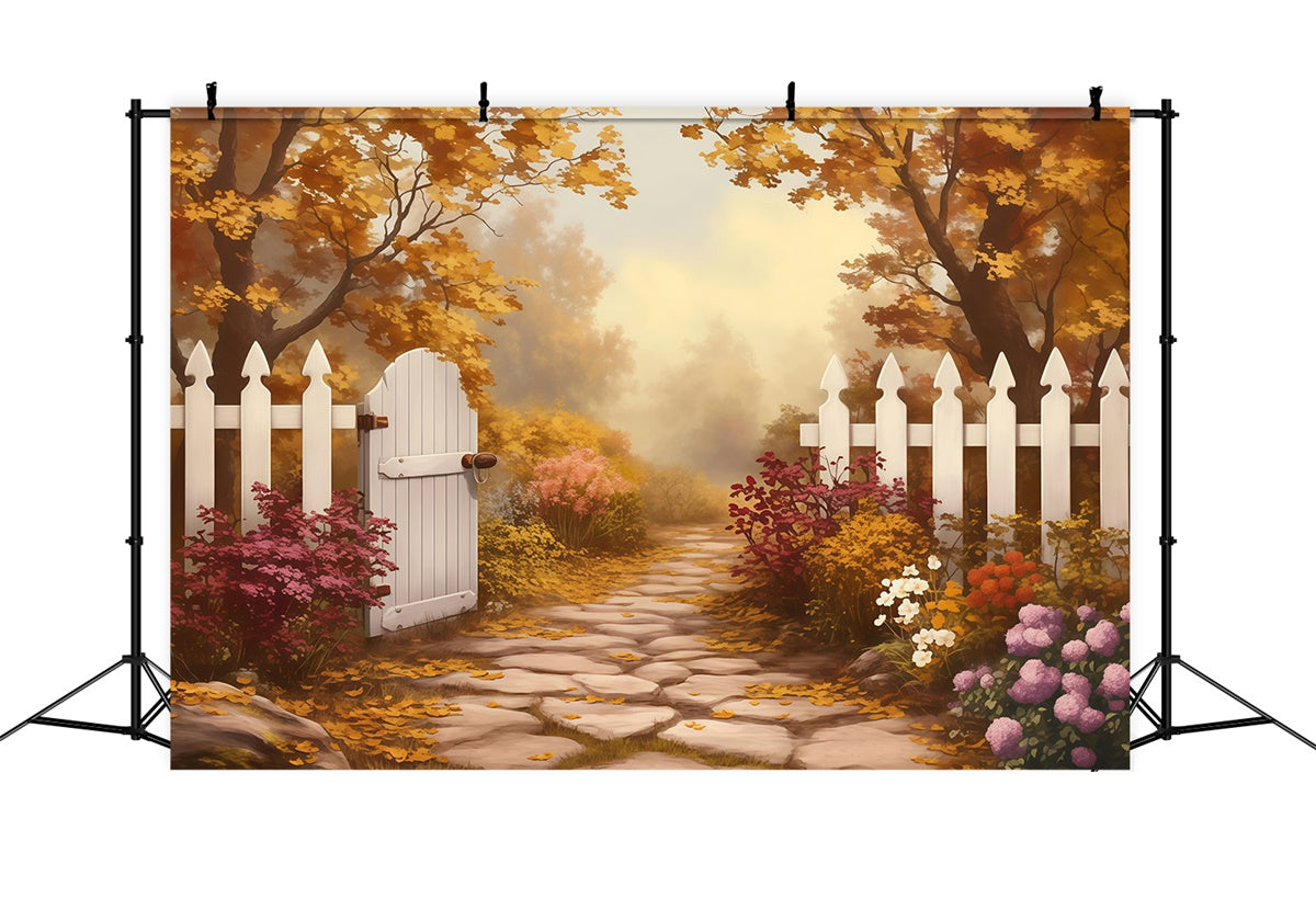 Toile de fond Automne Clôture Blanche Sentier Doré MRR7-124