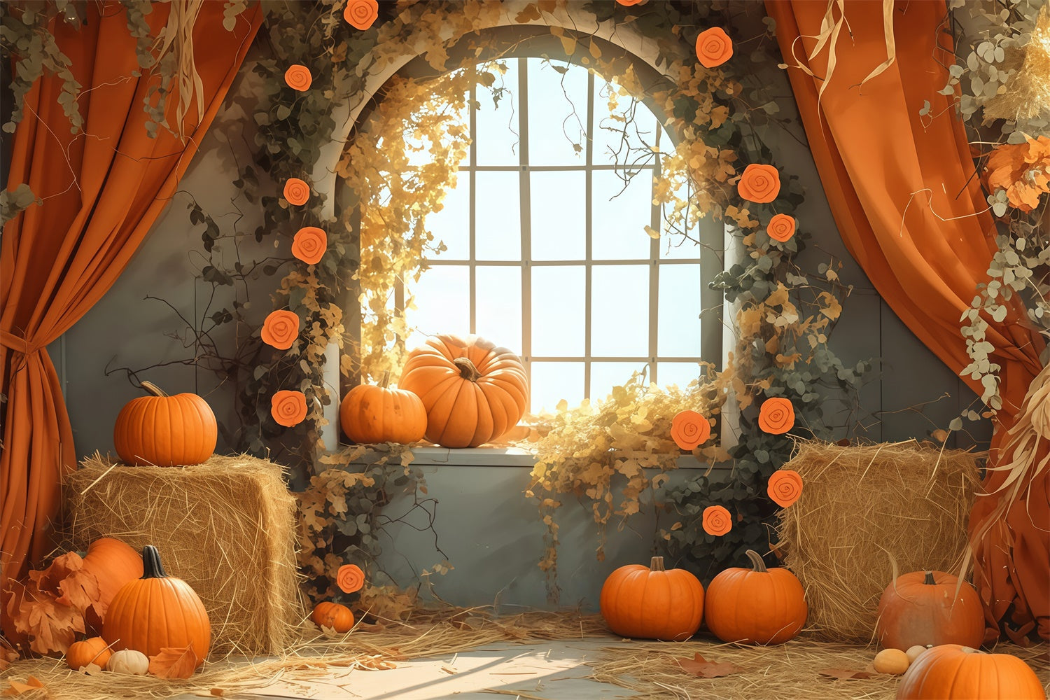 Toile de fond Déco Automne Fenêtre Récolte Scène Foin MRR7-125