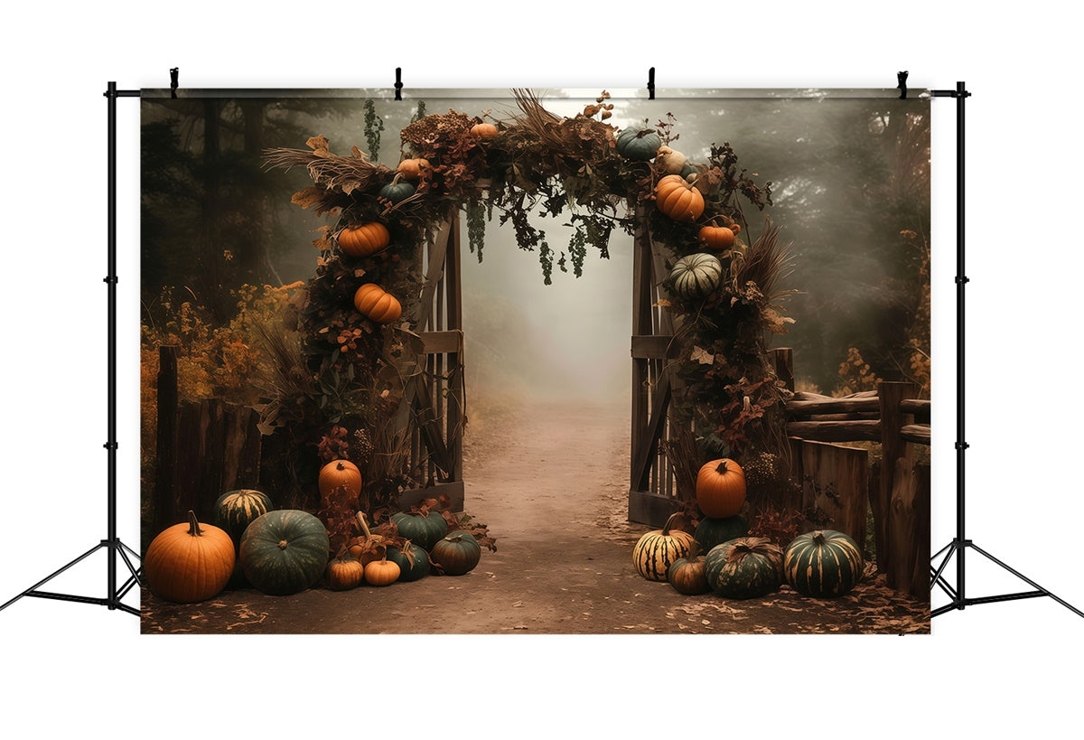 Toile de fond Photo Automne Arche Brumeuse Citrouilles MRR7-128