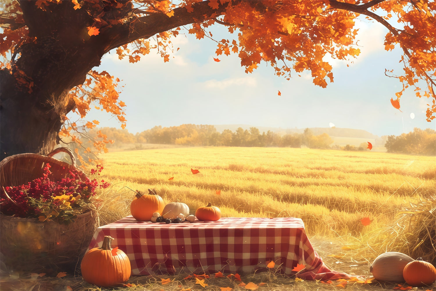 Toile de fond Automne Pique Nique Citrouilles Champs Dorés MRR7-129