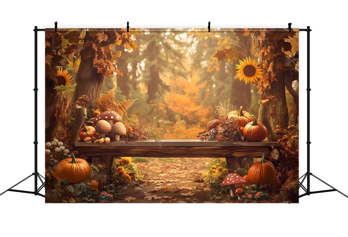 Toile de fond Automne Champignons Citrouilles Banc Forêt MRR7-130