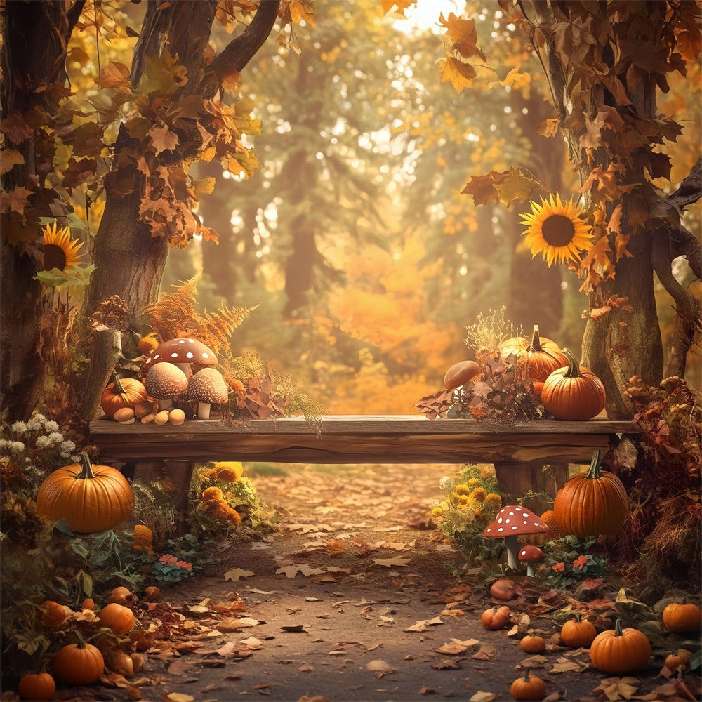 Toile de fond Automne Champignons Citrouilles Banc Forêt MRR7-130