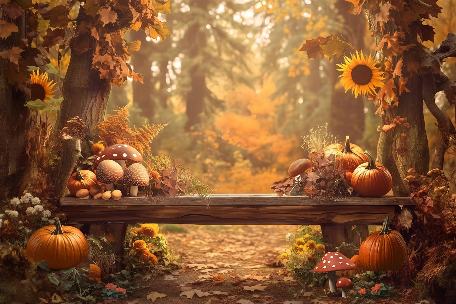 Toile de fond Automne Champignons Citrouilles Banc Forêt MRR7-130