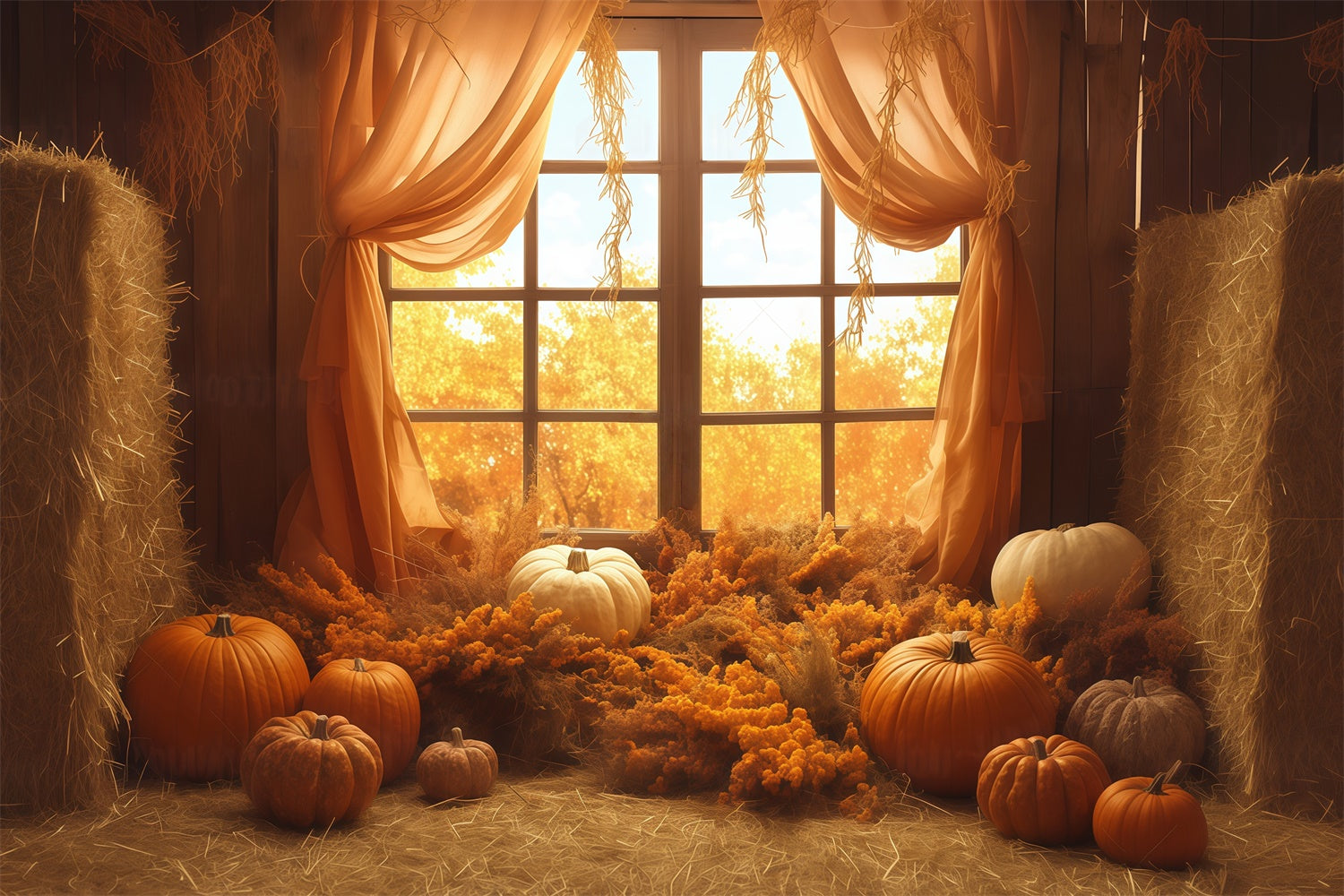 Toile de fond Photo Automne Rideaux Meule Foin Rustique MRR7-131