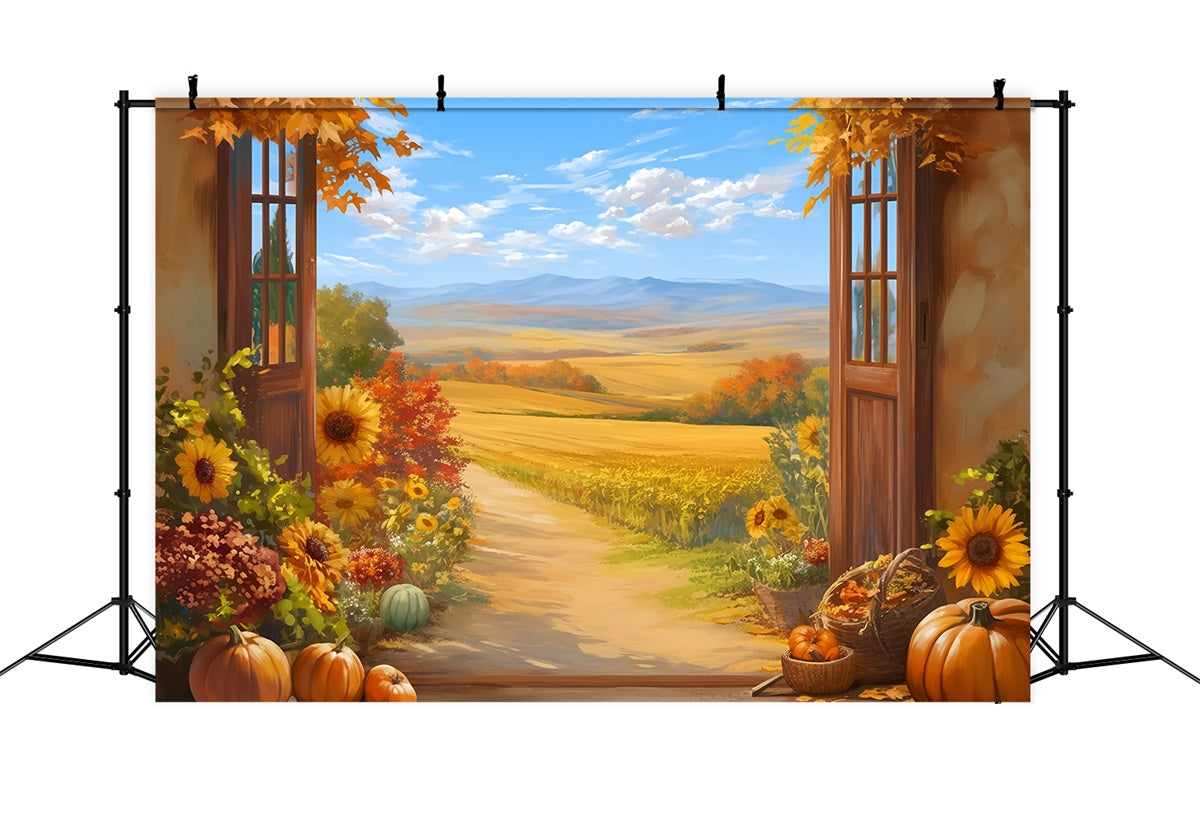 Toile de fond Déco Automne Porche Citrouilles Sentier Campagne MRR7-132
